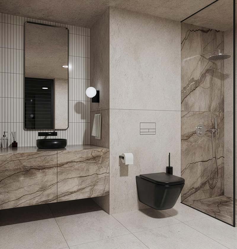 Modernes Badezimmer mit schwarzem Wand-WC, Waschtisch aus Marmoroptik, rundem schwarzen Waschbecken und begehbarer Dusche mit Glaswand.